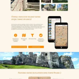 Zrzut ekranu strony internetowej aplikacji mobilnej o tematyce zamków w Polsce, prezentujący interfejs użytkownika z mapą i listą lokalizacji, oraz zdjęcia i teksty promujące aplikację...