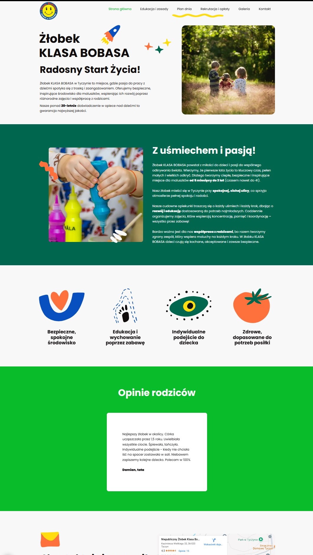 Projekt strony internetowej żłobka Klasa Bobasa, prezentujący przyjazny design, informacje o zapisach online i dostęp do wiedzy dla rodziców, z elementami graficznymi i zdjęciami dzieci.
