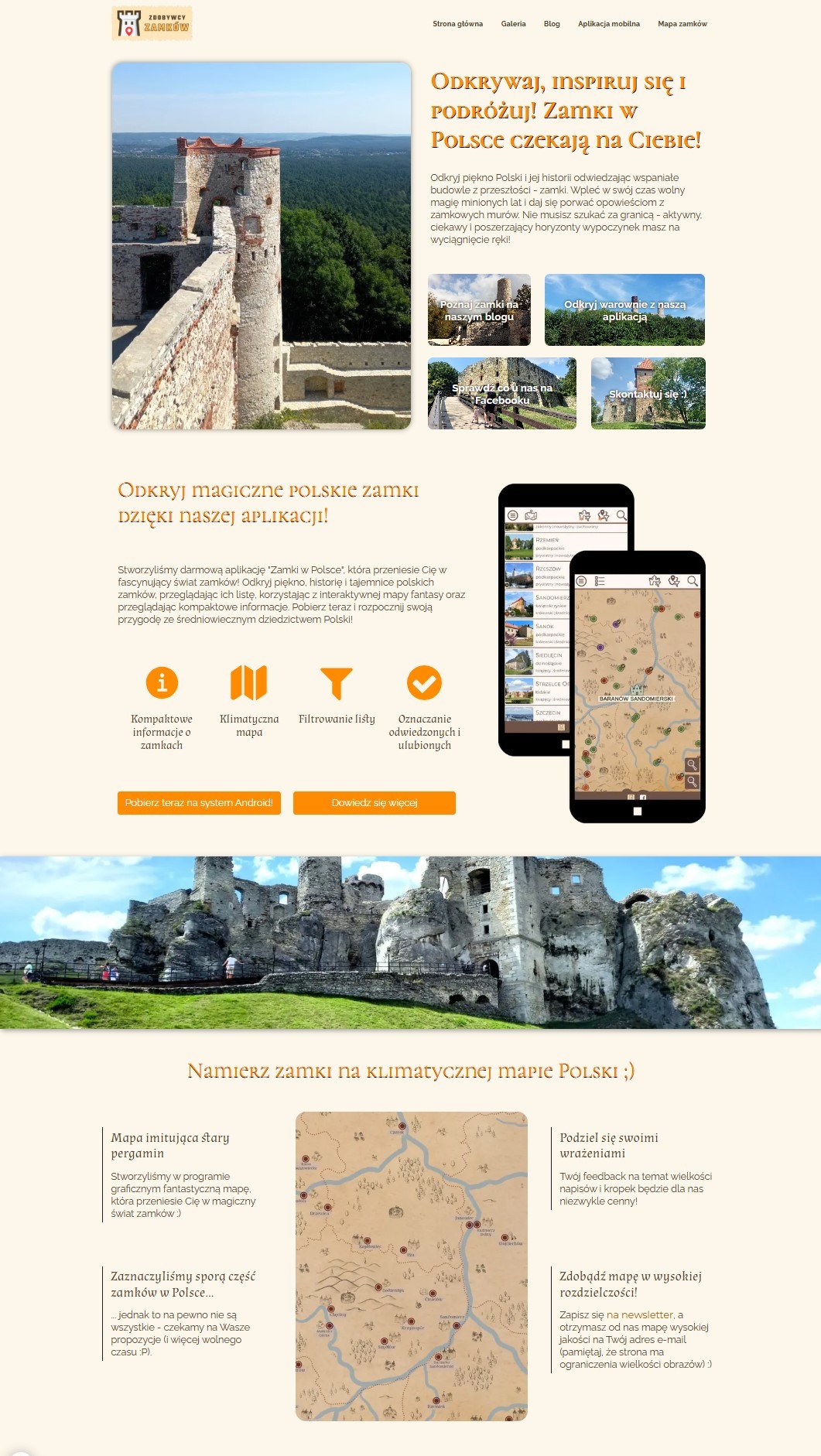 Zrzut ekranu strony internetowej aplikacji mobilnej o tematyce zamków w Polsce, prezentujący interfejs użytkownika z mapą i listą lokalizacji, oraz zdjęcia i teksty promujące aplikację...