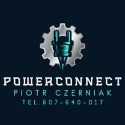 Logo firmy PowerConnect Piotr Czerniak z symbolem wtyczki elektrycznej wewnątrz srebrnej zębatki i numerem telefonu 607-640-017 na ciemnoniebieskim tle.