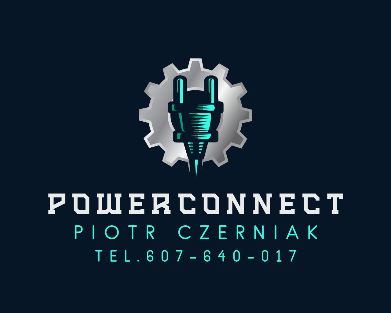 Logo firmy PowerConnect Piotr Czerniak z symbolem wtyczki elektrycznej wewnątrz srebrnej zębatki i numerem telefonu 607-640-017 na ciemnoniebieskim tle.