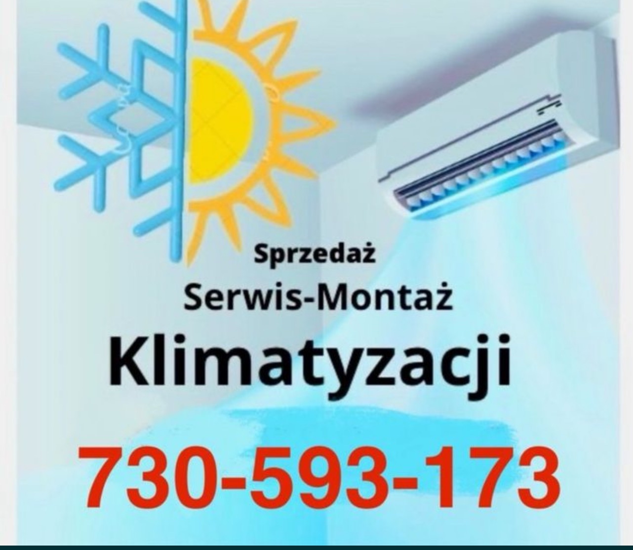 Grafika reklamowa klimatyzacji: schematyczne słońce i płatek śniegu, klimatyzator ścienny, napis 'Sprzedaż Serwis-Montaż Klimatyzacji' oraz numer telefonu na jasnym tle.