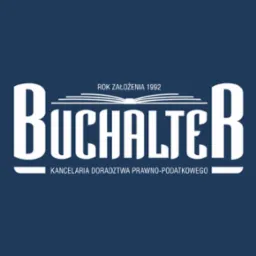 Logo firmy Buchalter, kancelaria doradztwa prawno-podatkowego, rok założenia 1992, biały napis na granatowym tle.