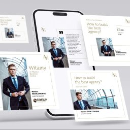 IYO CREATIVE SPÓŁKA Z OGRANICZONĄ ODPOWIEDZIALNOŚCIĄ - Prezentacja wizualizacji materiałów reklamowych na ekranie smartfona, w tym ulotki i zaproszenia na webinar, z wizerunkiem mężczyzny w garniturze i informacjami kontaktowymi.