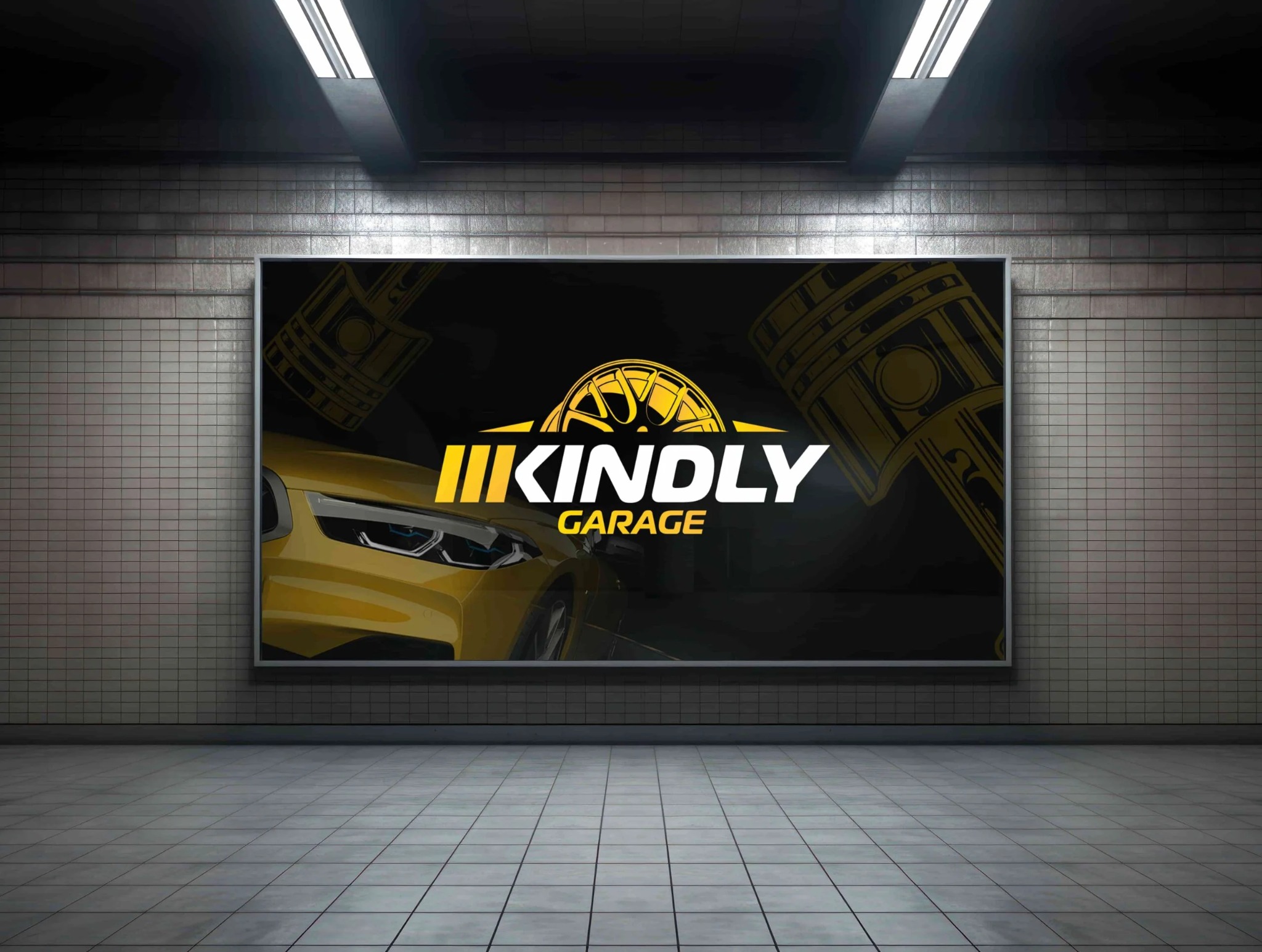 Billboard w stacji metra prezentuje logo 'Kindly Garage' z grafiką przedstawiającą fragment żółtego samochodu i elementy mechaniczne.