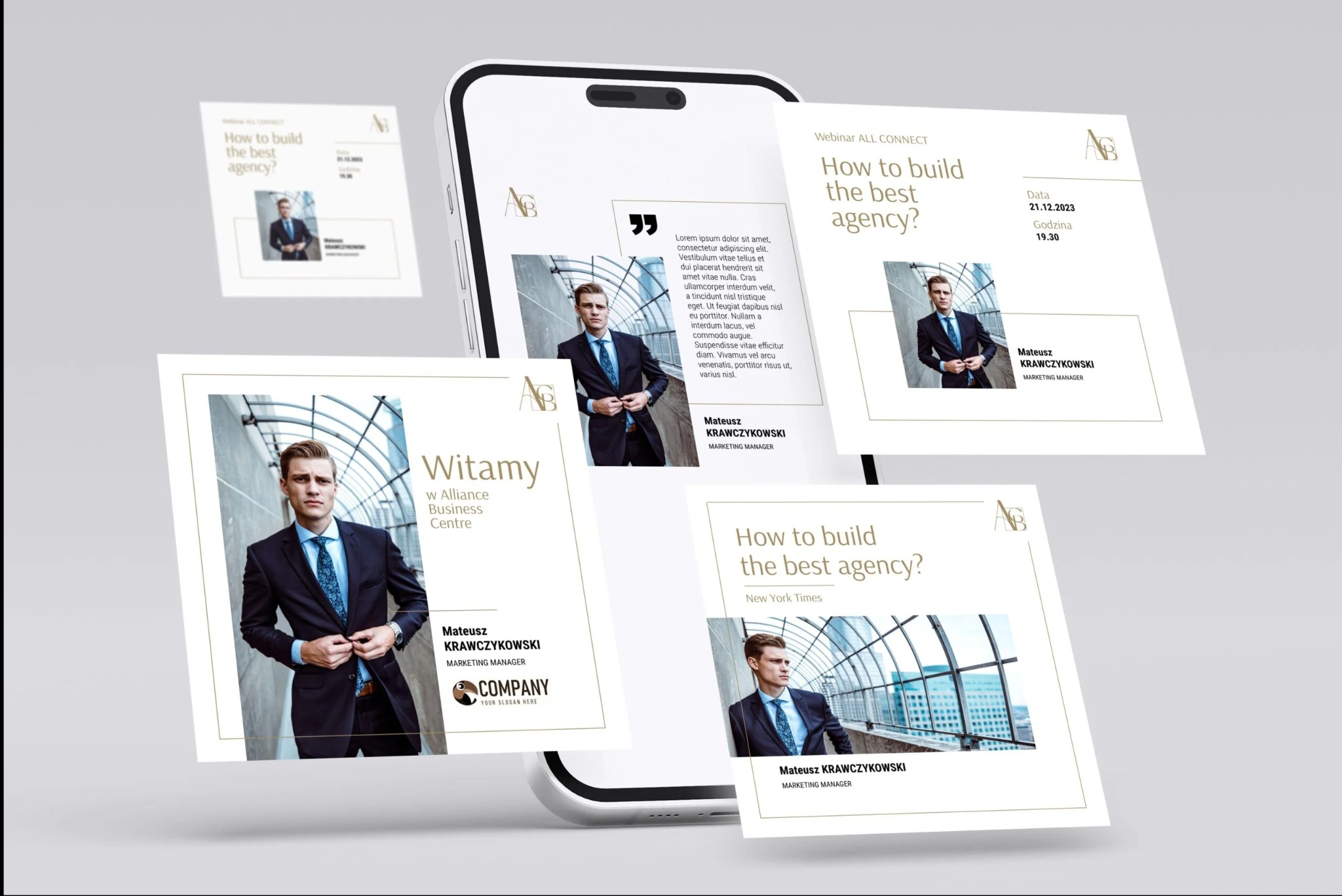 Prezentacja wizualizacji materiałów reklamowych na ekranie smartfona, w tym ulotki i zaproszenia na webinar, z wizerunkiem mężczyzny w garniturze i informacjami kontaktowymi.