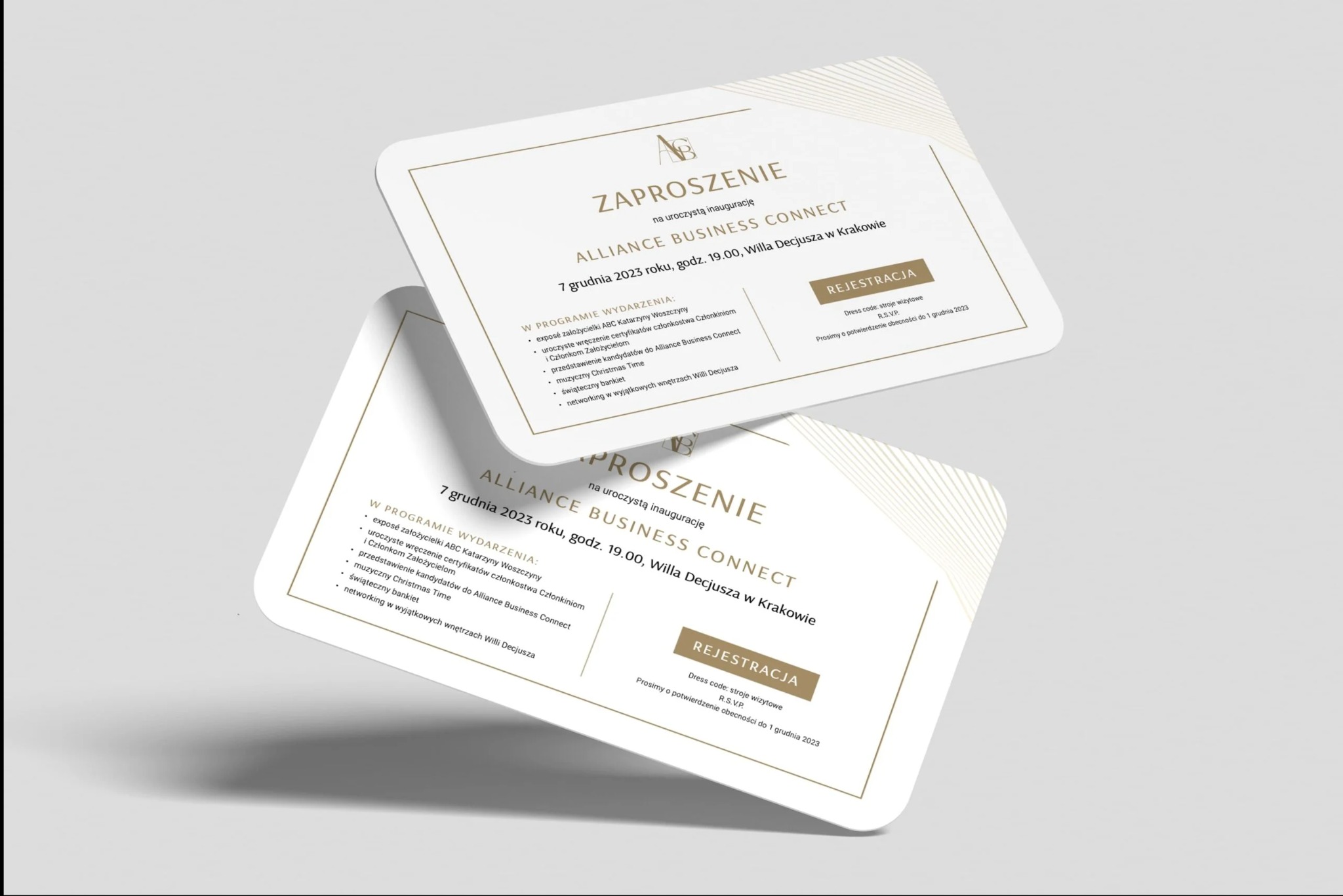 Dwa eleganckie, białe zaproszenia z tekstem w kolorze złotym na uroczystą inaugurację Alliance Business Connect, widoczne pod kątem, na jasnym tle.