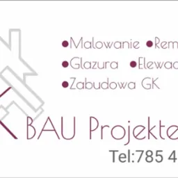 Logo firmy PK BAU Projekte z sylwetką domu i narzędziem, oferującej malowanie, remonty, glazurę, elewacje i zabudowę GK, numer telefonu 785 453 834.