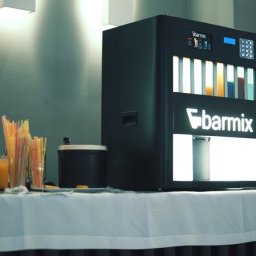 EventMagic - Automat do drinków Barmix na stole z alkoholem i słomkami, ustawiony podczas imprezy, widoczne podświetlane logo i kolorowe napoje w zbiornikach.