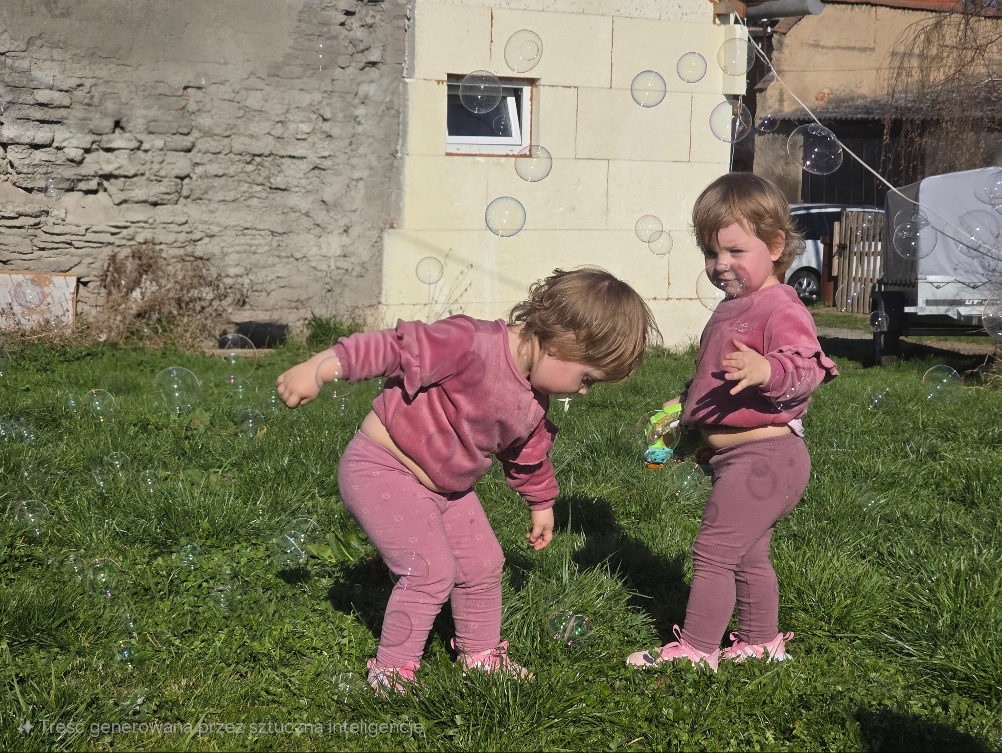 Dwie małe dziewczynki w różowych welurowych dresach bawią się na trawie, puszczając bańki mydlane; jedna z nich trzyma plastikową zabawkę do robienia baniek.
