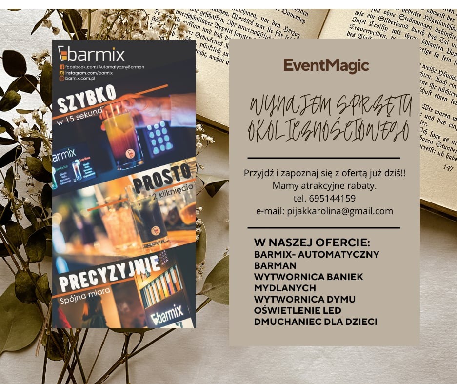 Ulotka reklamowa firmy EventMagic z ofertą wynajmu sprzętu okolicznościowego, w tym dmuchańca dla dzieci i automatycznego barmana Barmix, leżąca na otwartej książce obok zasuszonych kwiatów.