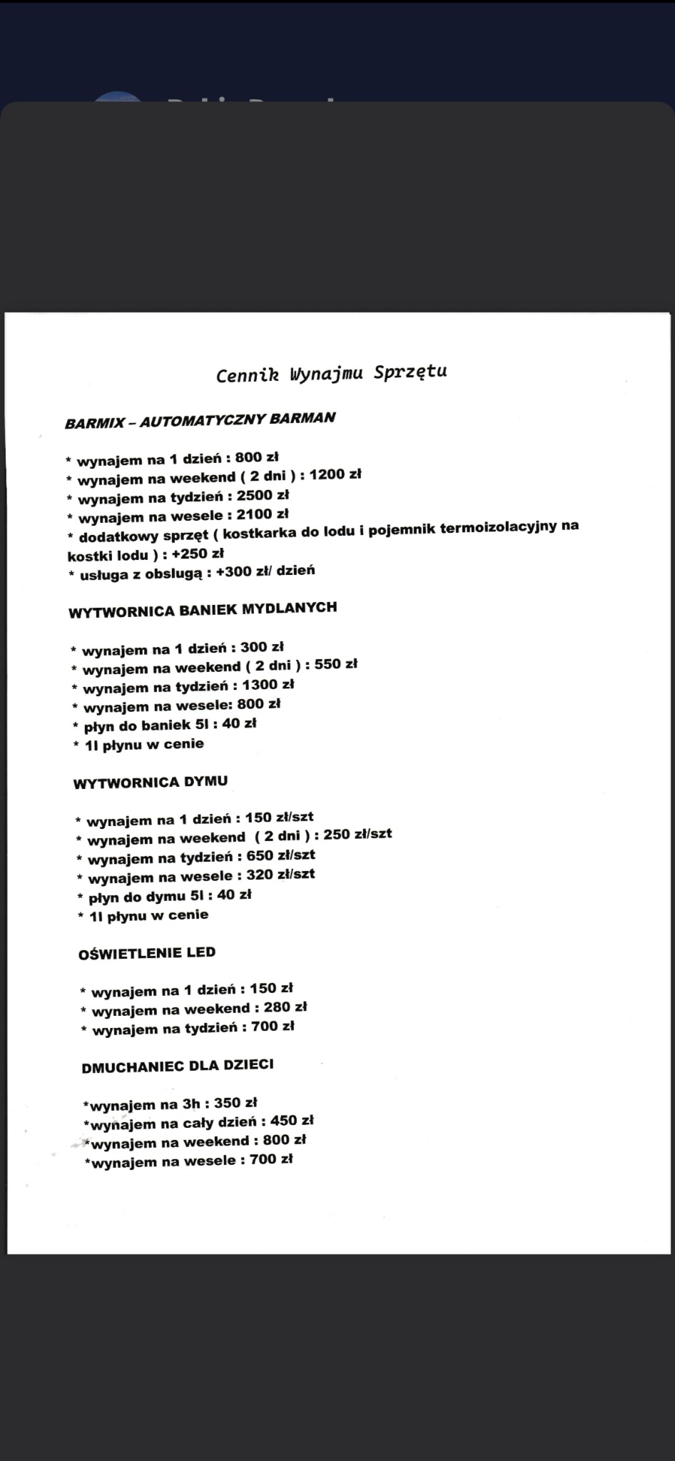Cennik wynajmu sprzętu eventowego: Barmix, wytwornica baniek mydlanych, wytwornica dymu, oświetlenie LED, dmuchaniec dla dzieci, z wyszczególnionymi cenami za dzień, weekend i tydzień.