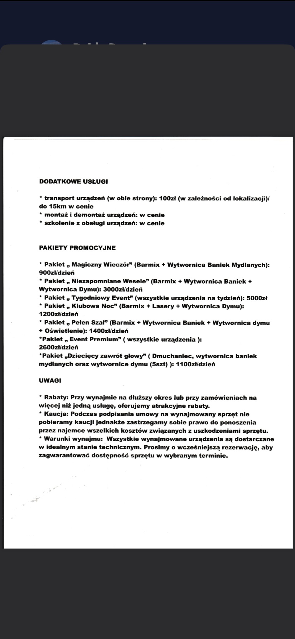 Cennik dodatkowych usług firmy z Grochowej, obejmujący transport, montaż, szkolenia, pakiety promocyjne takie jak 'Magiczny Wieczór' i 'Niezapomniane Wesele' z barmixem i wytwornicą baniek...