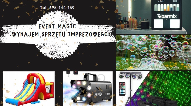 Kolaż zdjęć sprzętu imprezowego: dmuchana zjeżdżalnia, wytwornica dymu Agptek LED-500, oświetlenie dyskotekowe, automat do drinków Barmix i bańki mydlane na tle zieleni.