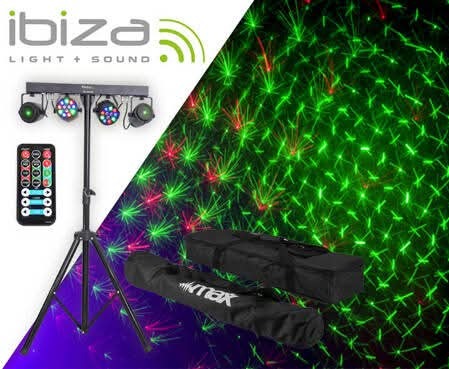 Zestaw oświetleniowy imprezowy z laserem, reflektorami LED na statywie, pilotem i pokrowcami transportowymi.