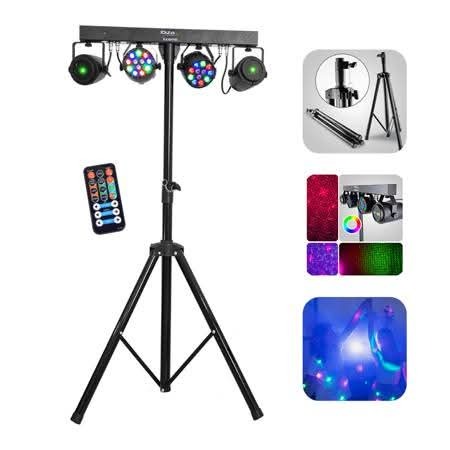 Zestaw oświetleniowy sceniczny na trójnogu z pilotem, prezentacja różnych efektów świetlnych.