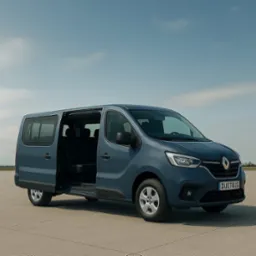 Niebieski bus Renault Trafic z otwartymi przesuwnymi drzwiami, widoczne wnętrze z fotelami. Tablica rejestracyjna z napisem 'DUETBUS'.