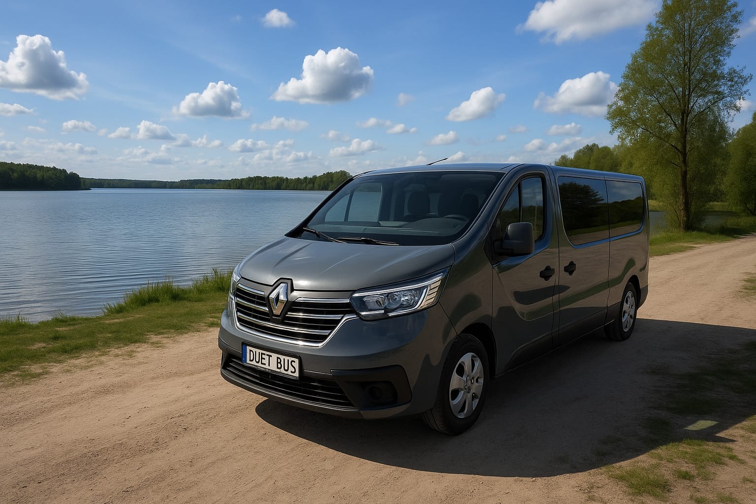 Szary bus Renault Trafic na tle jeziora i lasu, z tablicą rejestracyjną 'DUET BUS'. Ujęcie z boku, w słoneczny dzień, na piaszczystej drodze.