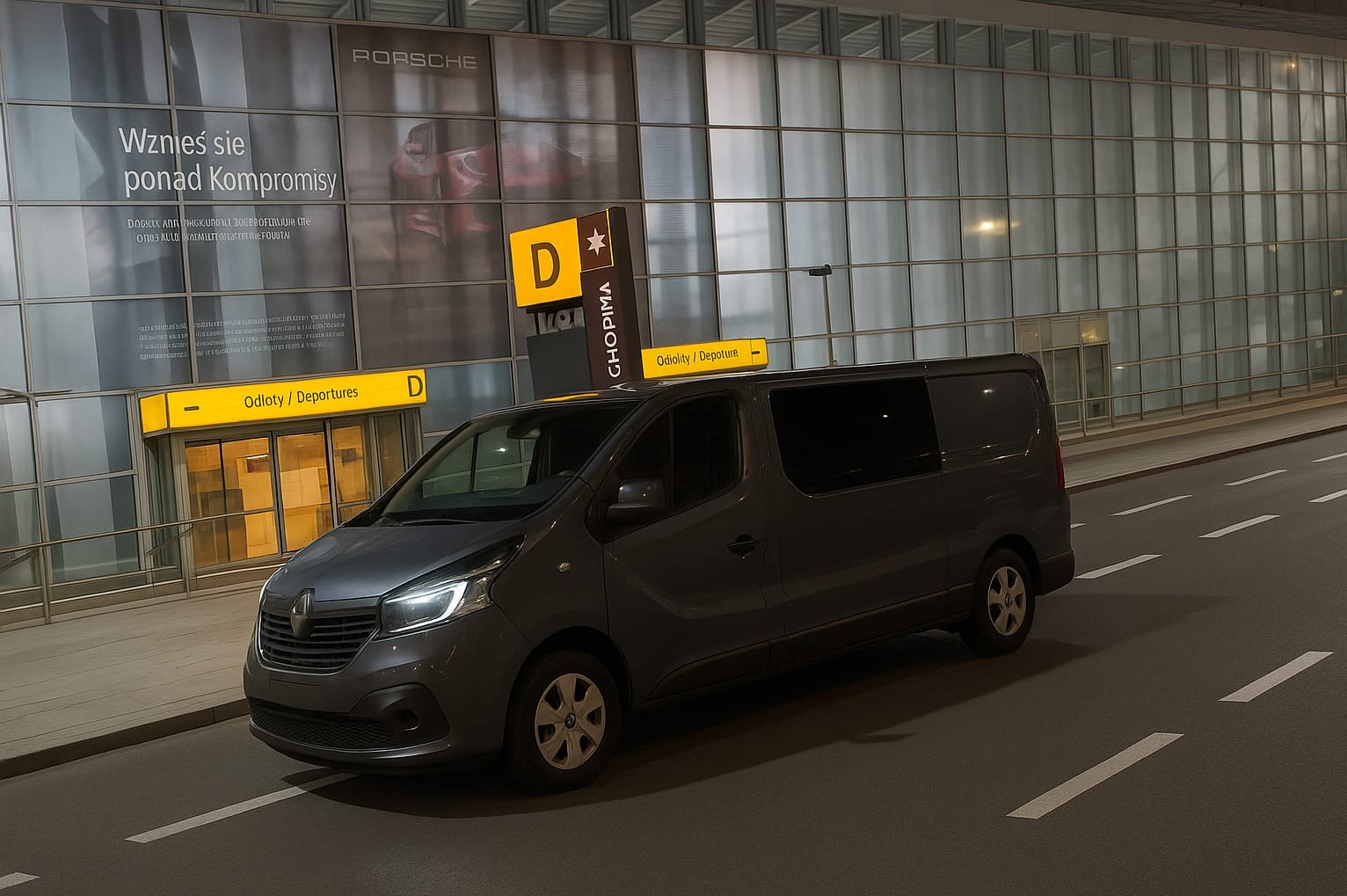 Szary van Renault na tle lotniska Chopina, z żółtymi znakami kierunkowymi 'Odloty/Departures' i reklamą Porsche w tle. Zdjęcie z lekkiej perspektywy, oświetlenie nocne.