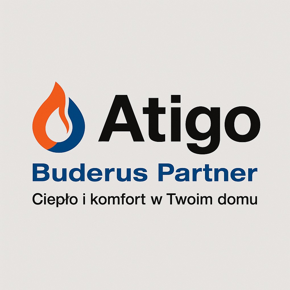 Logo firmy Atigo, Buderus Partner, z symbolem płomienia i hasłem 'Ciepło i komfort w Twoim domu'. Czcionka prosta, kolorystyka: pomarańczowy, niebieski i czarny.