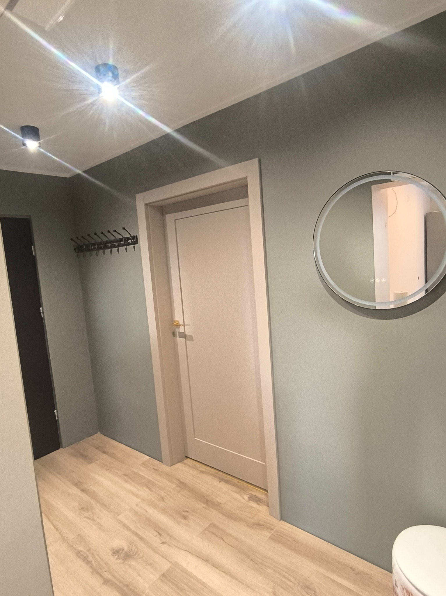 Nowoczesny przedpokój w odcieniach szarości z drewnianą podłogą, okrągłym lustrem z podświetleniem i wieszakiem na ubrania. Minimalistyczny design.