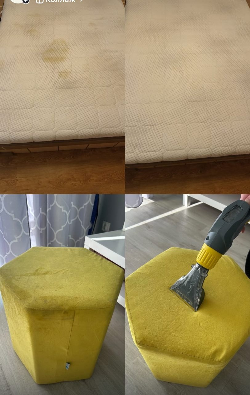 Kolaż: materac z plamą i po czyszczeniu, żółty puf przed i podczas prania parowym. Widoczna dysza parowa. Efekt czyszczenia.