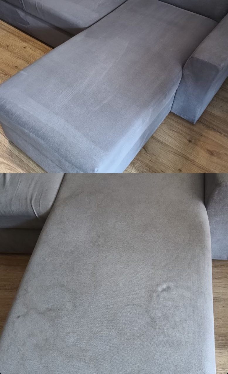 Szara sofa przed i po czyszczeniu. Widoczne plamy na dolnej części sofy, które zniknęły po czyszczeniu w górnej części. Jasne drewniane podłogi w tle.