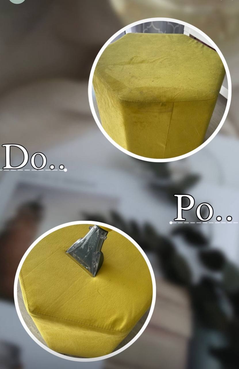 Żółty puf tapicerowany: u góry przed czyszczeniem, u dołu w trakcie prania ekstrakcyjnego z użyciem ssawki. Prezentacja efektu 'przed i po'.