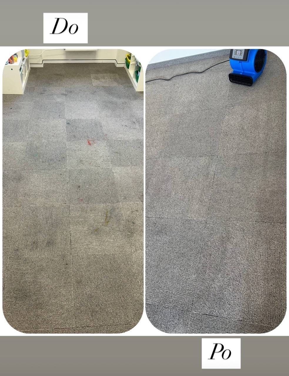 Dywan w biurze przed i po czyszczeniu: widoczne plamy usunięte, odświeżona struktura, niebieski wentylator wspomagający suszenie w prawym górnym rogu.