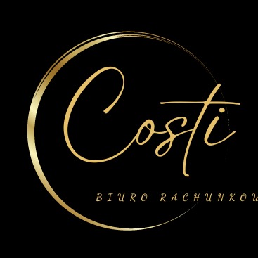 Złote logo 'Costi Biuro Rachunkowe' na czarnym tle, umieszczone w okręgu.