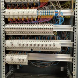 Otwarta szafa rozdzielcza z widocznymi bezpiecznikami, przewodami i listwami zaciskowymi, z żółtymi oznaczeniami na kablach.