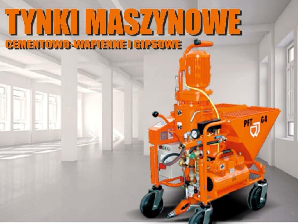 Pomarańczowa maszyna PFT G4 do tynków cementowo-wapiennych i gipsowych na tle jasnego wnętrza z kolumnami i oknami.