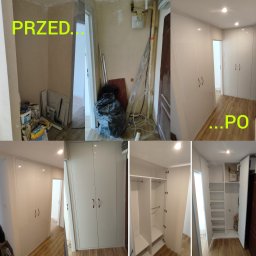 Jarosław Janik - Montaż szafy wnękowej w Skoczowie: zdjęcia przed i po. Widoczne wnętrze szafy z półkami i drążkami, białe fronty. Układ 'przed' pokazuje stan surowy.