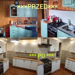 Jarosław Janik - Kolaż: kuchnia przed (turkusowe szafki, drewniane ściany) i po remoncie (białe szafki, beżowe płytki). Widoczna kuchenka i zlew w obu wersjach.