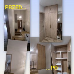 Jarosław Janik - Montaż szafy: widok korytarza przed i po instalacji, szafa z jasnego drewna z złotymi uchwytami, wnętrze szafy z półkami w kolorze białym i drewnianym.