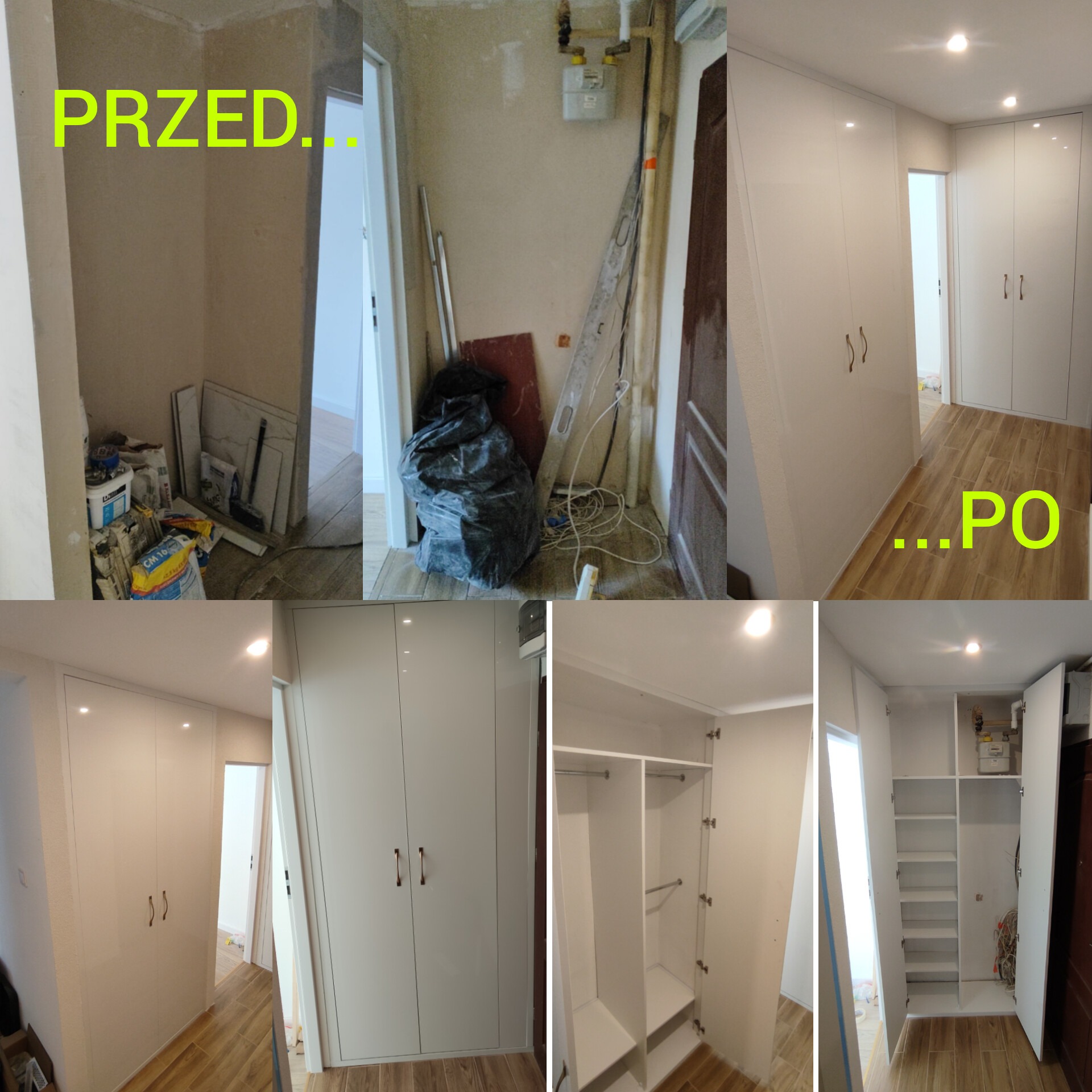Montaż szafy wnękowej w Skoczowie: zdjęcia przed i po. Widoczne wnętrze szafy z półkami i drążkami, białe fronty. Układ 'przed' pokazuje stan surowy.