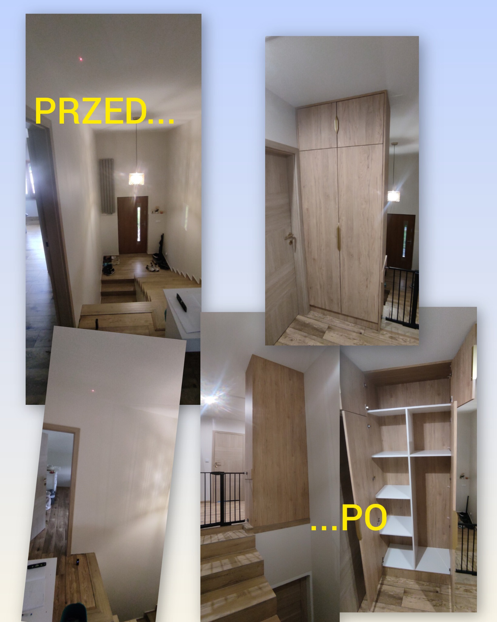 Montaż szafy: widok korytarza przed i po instalacji, szafa z jasnego drewna z złotymi uchwytami, wnętrze szafy z półkami w kolorze białym i drewnianym.