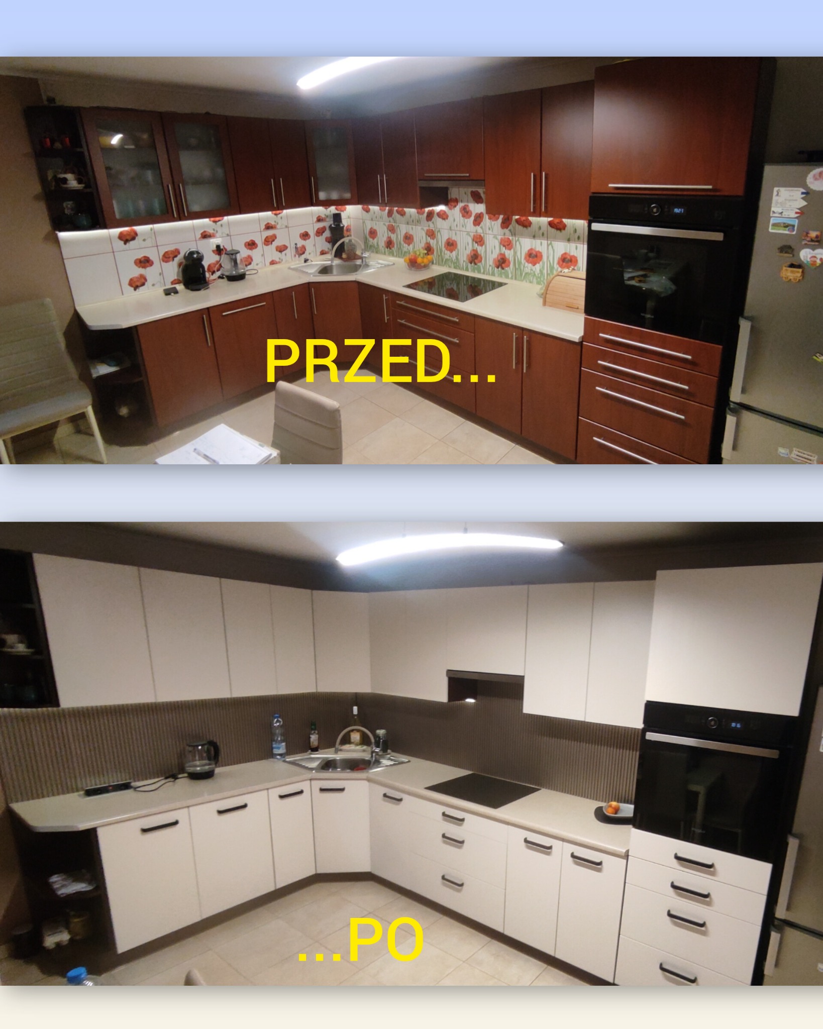 Remont kuchni: porównanie 'przed' z ciemnymi szafkami i 'po' z jasnymi, nowoczesnymi meblami. Widoczna zmiana kolorystyki i stylu zabudowy kuchennej.