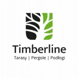 Logo firmy Timberline z zielono-czarnym symbolem drzewa i tekstem 'Tarasy | Pergole | Podłogi'.