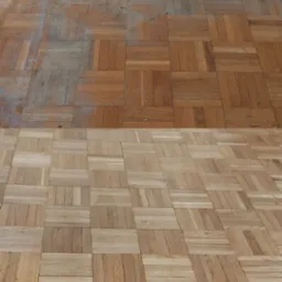 Parkiet w kwadraty, stan przed i po cyklinowaniu. Górna część ciemniejsza, zarysowania, dolna część jaśniejsza, wycyklinowana, gładka.