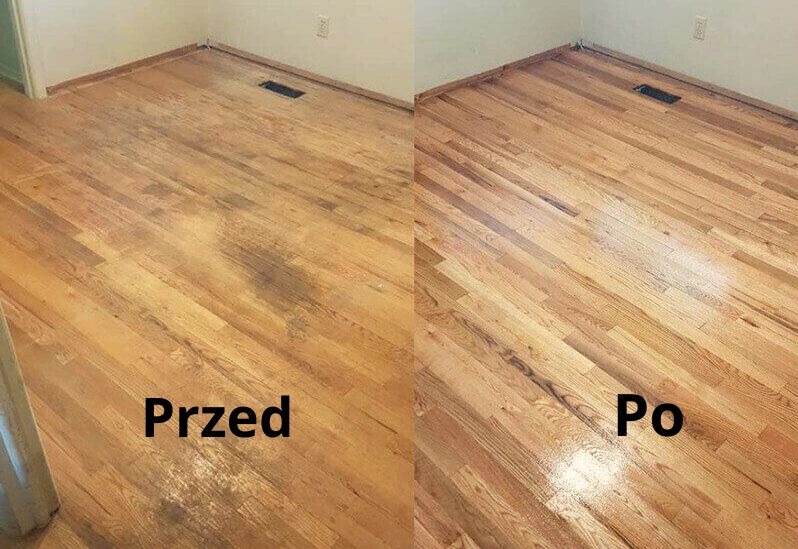 Porównanie stanu drewnianej podłogi przed i po renowacji, widoczne różnice w czystości i połysku desek.