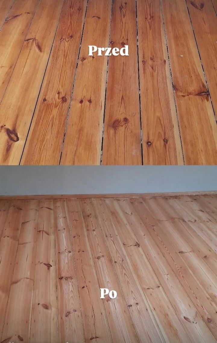 Zdjęcie 'przed i po' prezentujące odnowioną drewnianą podłogę. Górna część ukazuje starą, zniszczoną powierzchnię, dolna - gładką, odświeżoną podłogę po renowacji.