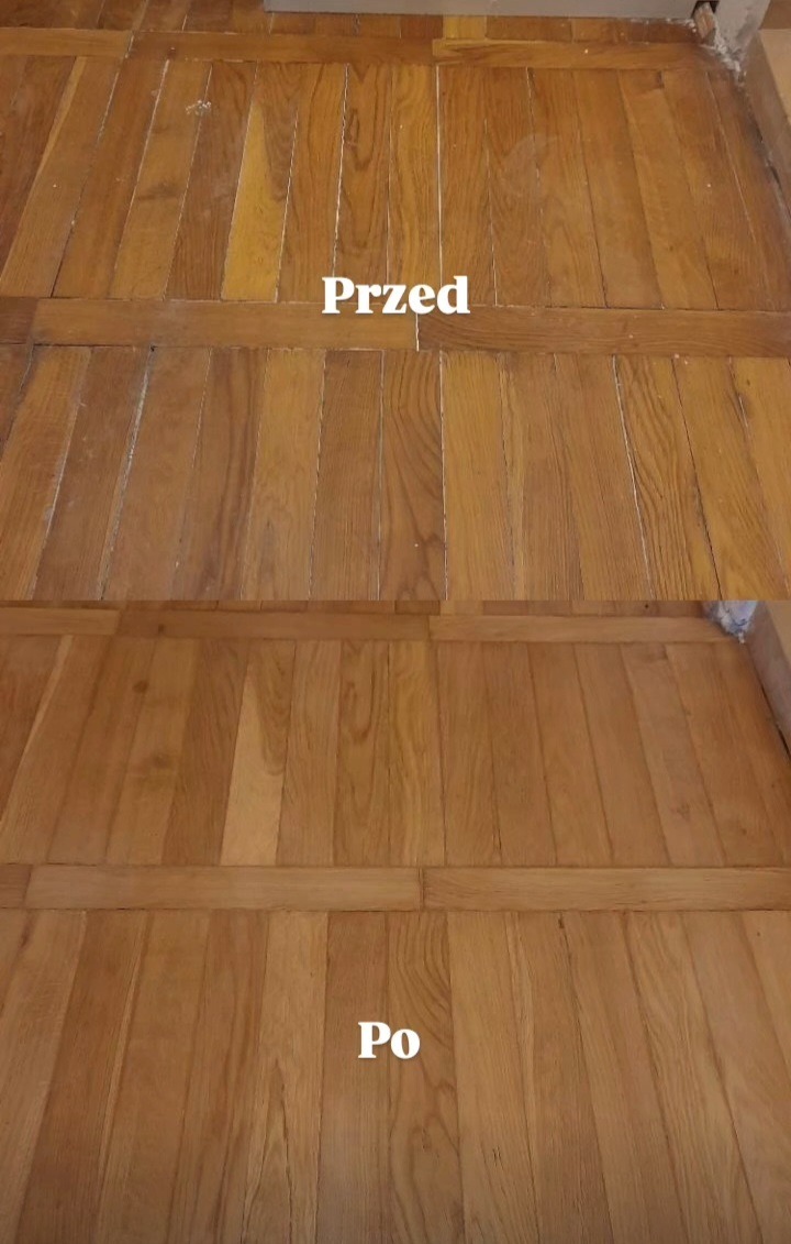 Parkiet w układzie drabinkowym: stan przed i po renowacji. Górna część zdjęcia ukazuje parkiet z widocznymi śladami użytkowania, dolna - po odświeżeniu, z jednolitym kolorem.