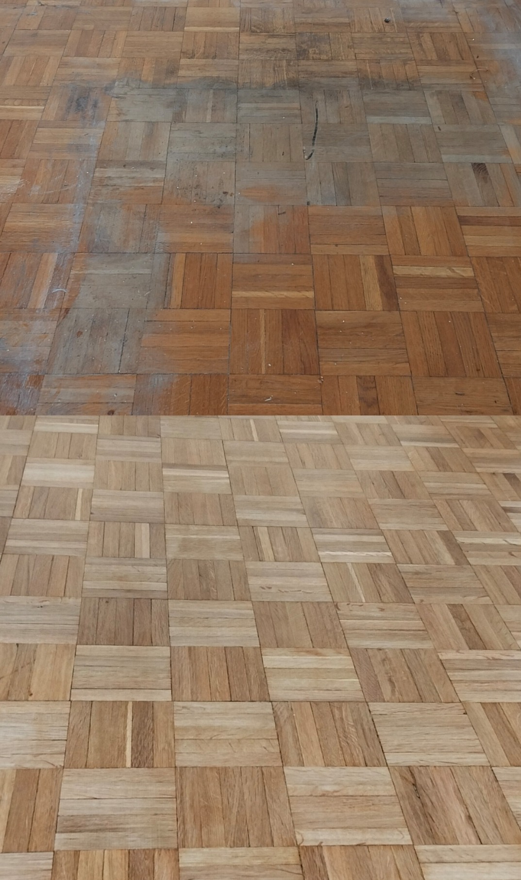 Parkiet w kwadraty, stan przed i po cyklinowaniu. Górna część ciemniejsza, zarysowania, dolna część jaśniejsza, wycyklinowana, gładka.