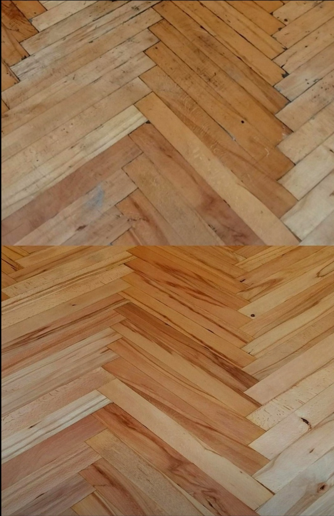 Parkiet ułożony w jodełkę: górna część przed renowacją z widocznymi zabrudzeniami, dolna po renowacji z wyraźnym rysunkiem drewna i połyskiem.