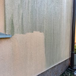 Jarosław Łukasiewicz - Częściowo umyta, beżowa elewacja budynku z widocznymi śladami zabrudzeń i zielonego nalotu, ukazująca efekt czyszczenia. Fragment rynny i cokół z płytek.