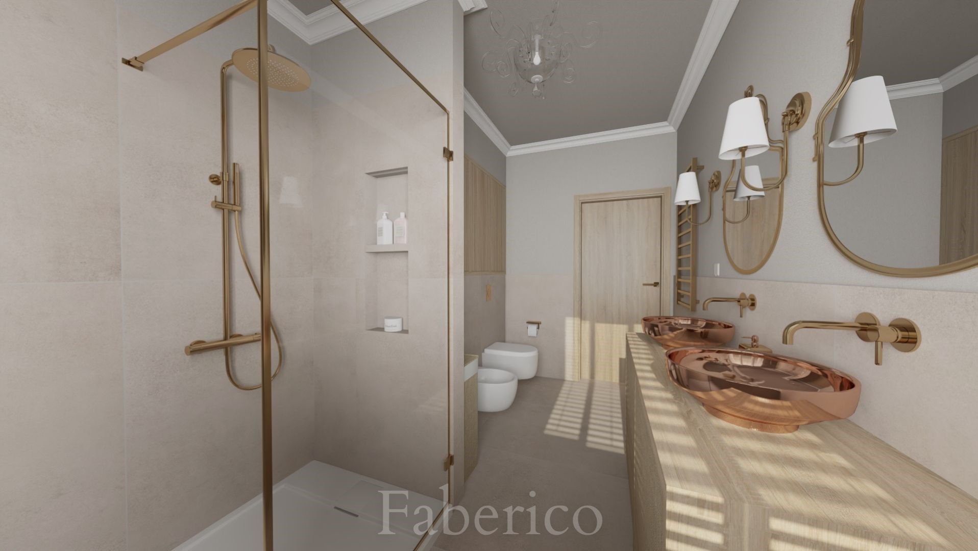 Wizualizacja łazienki z kabiną prysznicową ze złotymi elementami, umywalkami w kolorze miedzi i dekoracyjnym oświetleniem sufitowym.