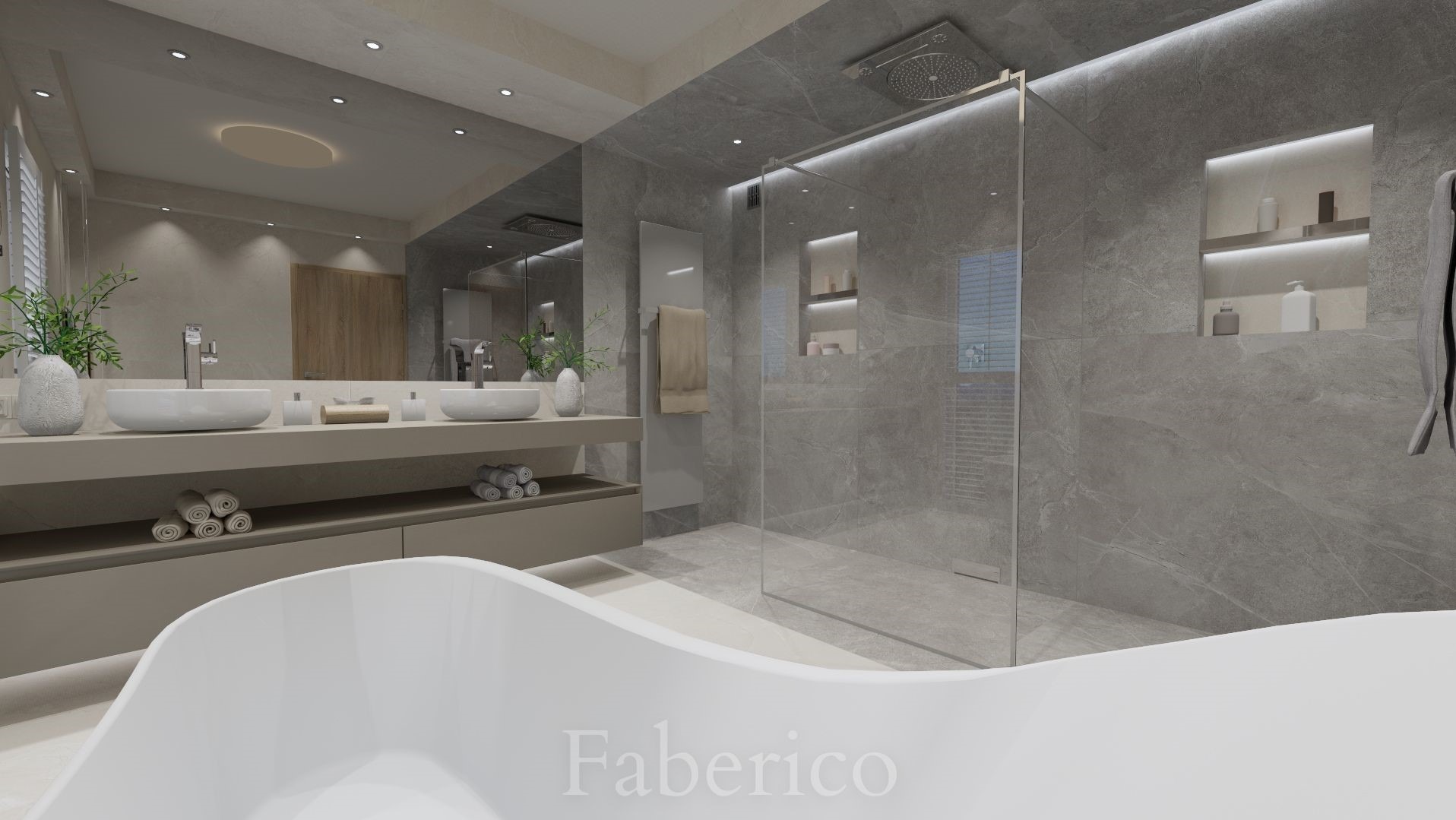 Nowoczesna łazienka w odcieniach szarości z dużą wanną, dwiema umywalkami nablatowymi, kabiną prysznicową typu walk-in i oświetleniem LED wnęk.
