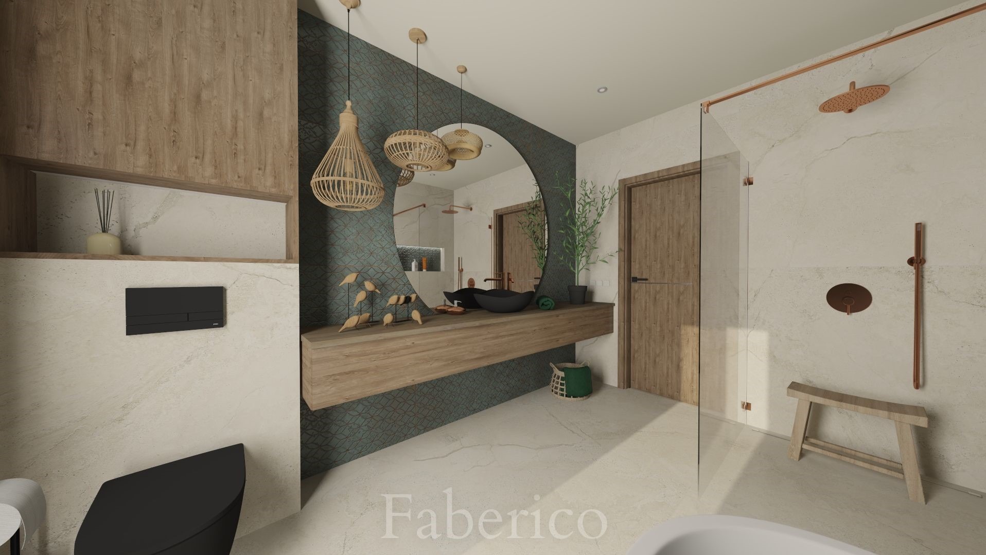 Nowoczesna łazienka z okrągłym lustrem, drewnianą umywalką i dekoracyjnymi lampami wiszącymi z rattanu, akcenty miedziane w armaturze, widoczny fragment toalety w kolorze czarnym.