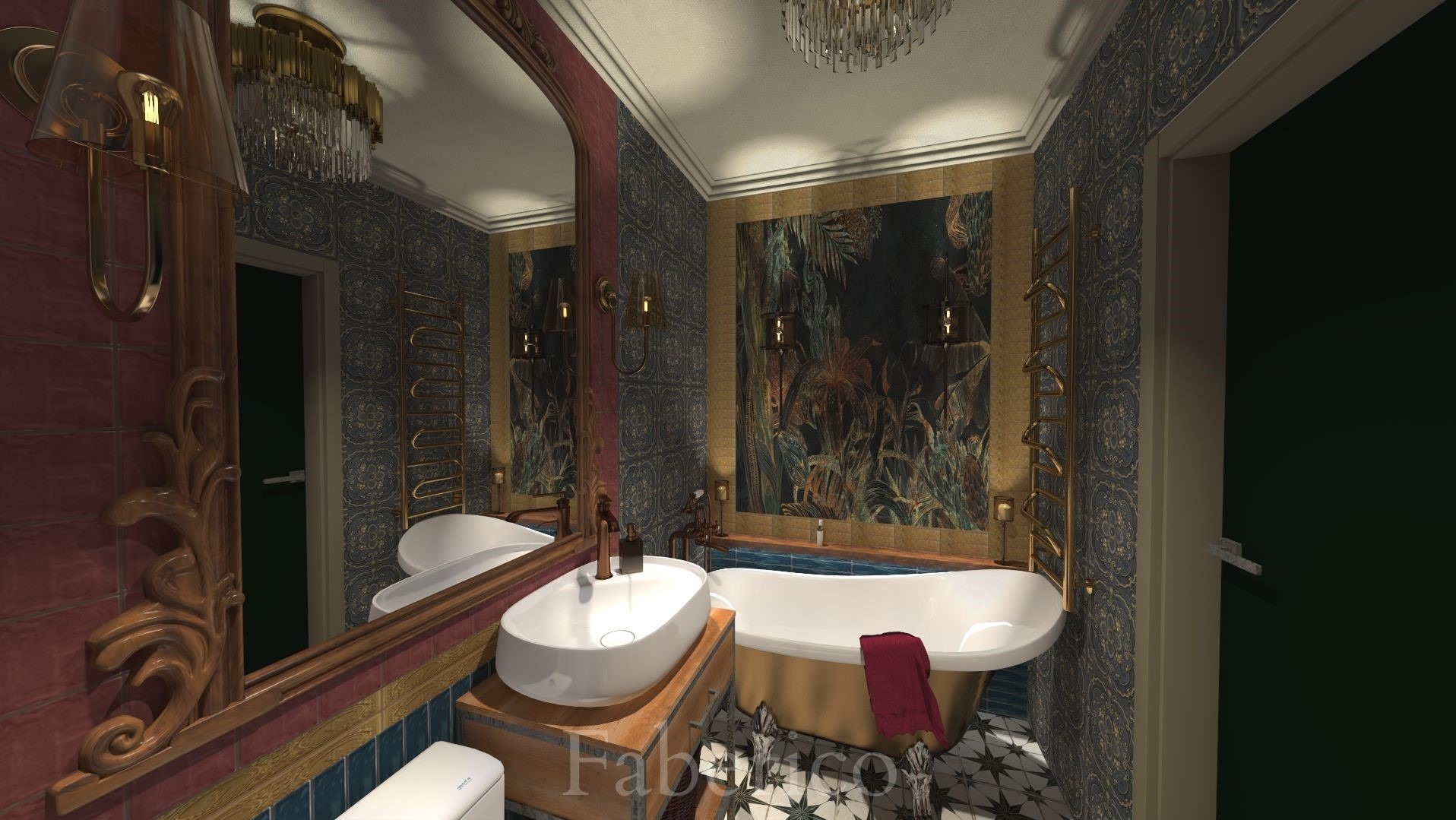 Luksusowa łazienka z wolnostojącą wanną na złotych nóżkach, umywalką nablatową i dekoracyjnym lustrem w zdobionej ramie, całość w ciemnej, nasyconej kolorystyce z motywami roślinnymi na ścianie.